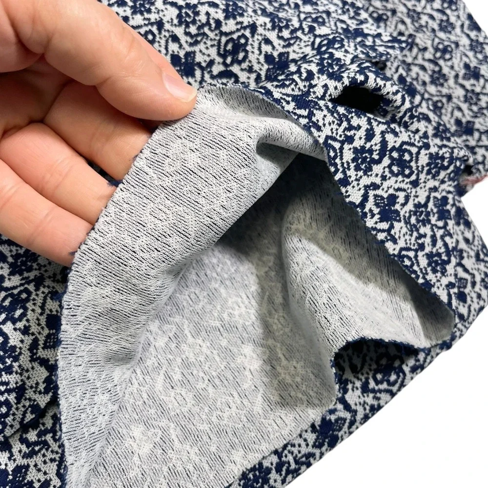 64x67 Navy Blue Floral Knit Fabric Damask Print‎ Textile Material Cottagecore